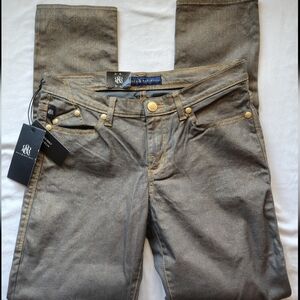 Rock & Republic Berlin Skinny New Money Metallic Gold Jeans Size 10 NWT